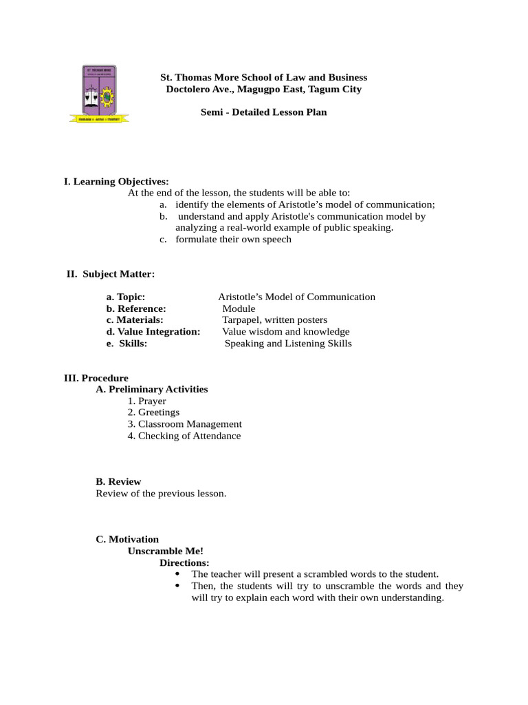Aristotle's Communication Model Lesson Plan | PDF | Communication ...