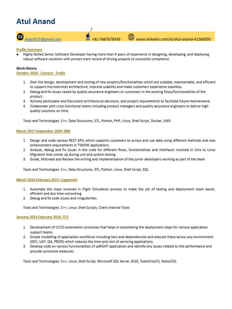 Atul Anand: Senior Software Developer Profile | PDF | Software ...
