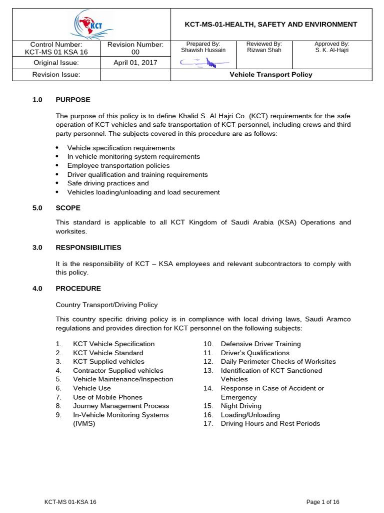 KCT Vehicle Transport Policy Overview | PDF | Driving | Seat Belt
