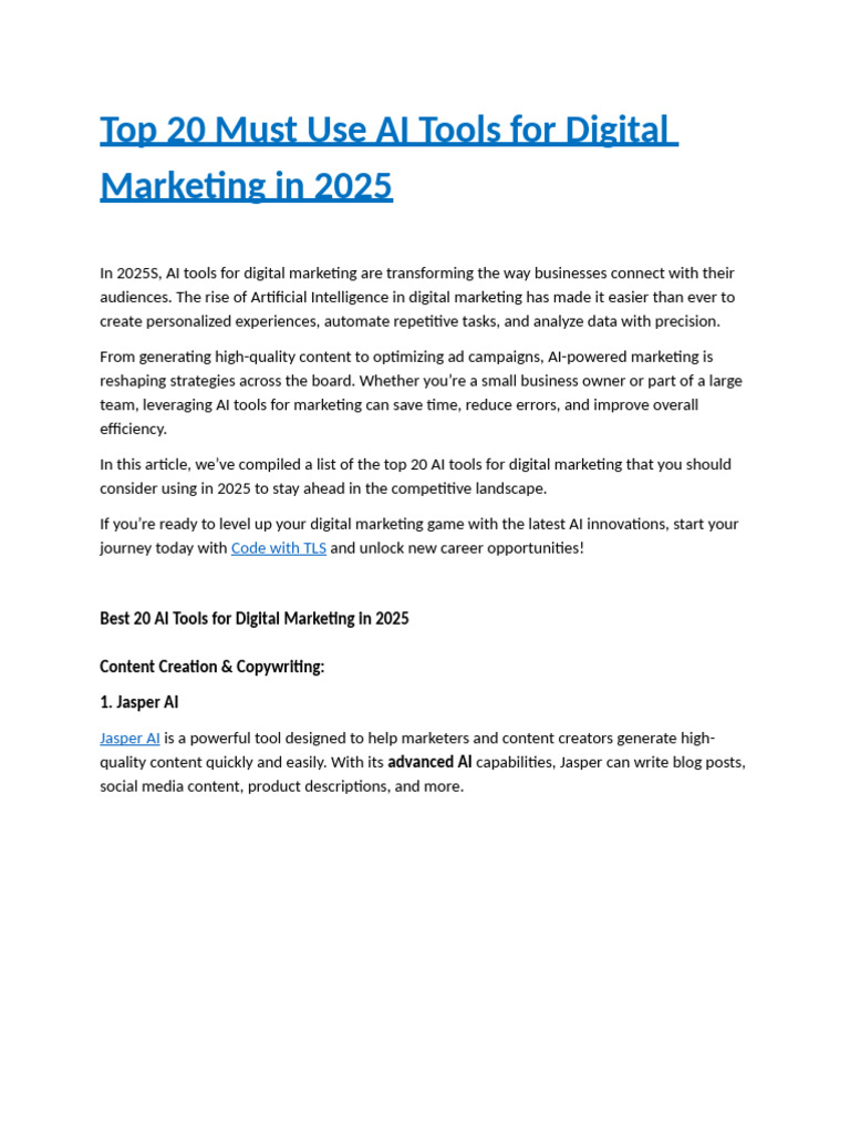 Top 20 Must Use AI Tools For Digital Marketing in 2025 | PDF ...
