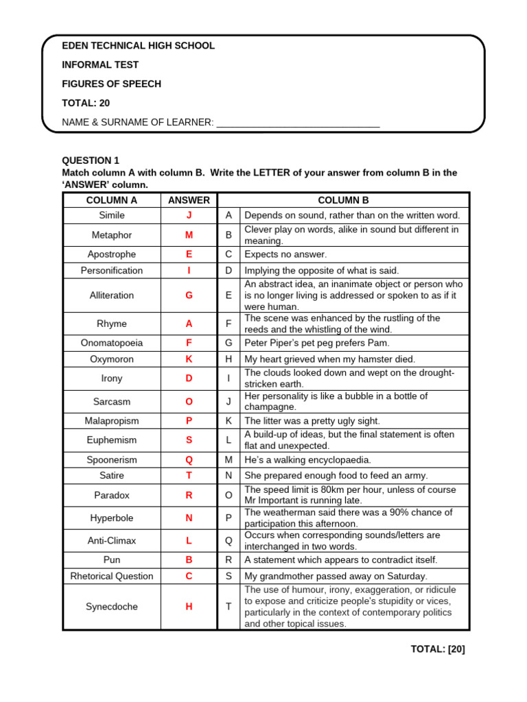 Figures of Speech Informal Test | PDF | Figures Of Speech | Rhetorical ...