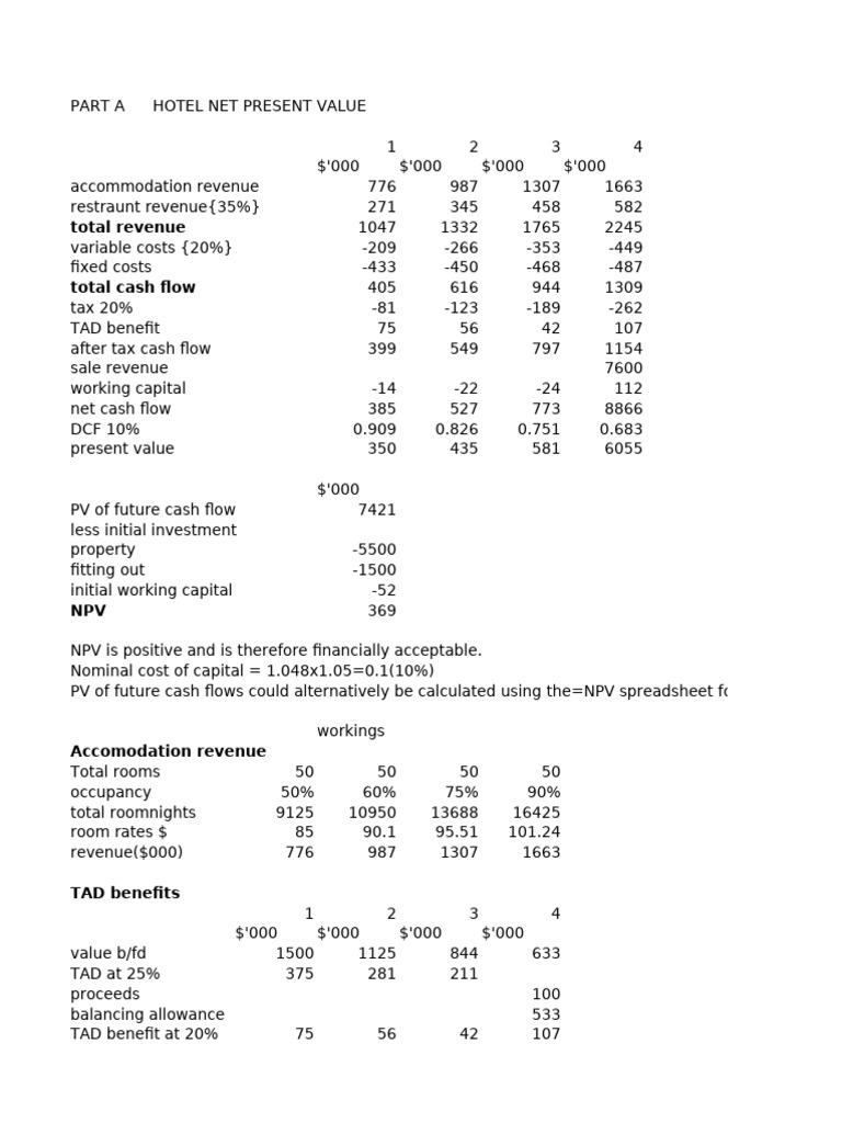 Hotel NPV Analysis and Cash Flow Summary | PDF | Net Present Value ...