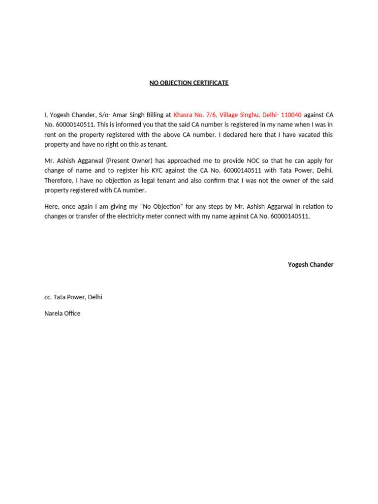 No Objection Certificate for CA 60000140511 | PDF