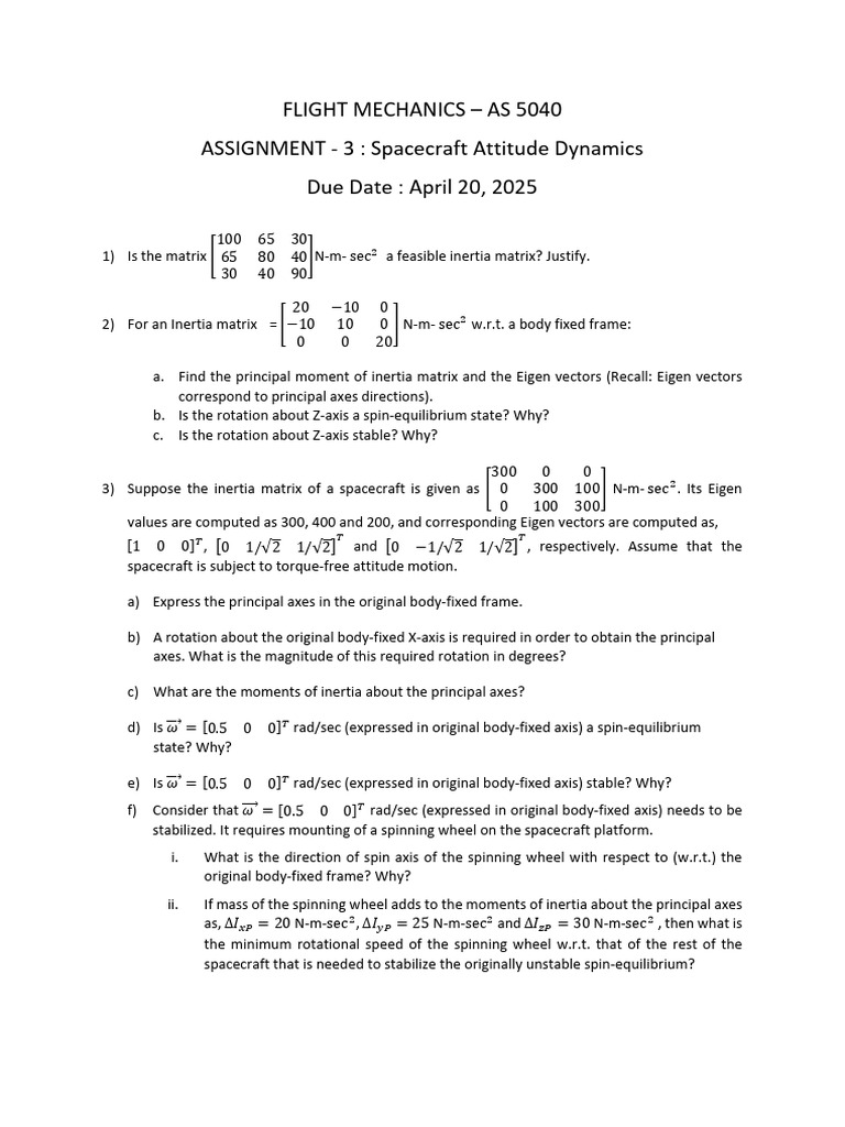 Spacecraft Attitude Dynamics Assignment | PDF | Rotation | Mechanical ...