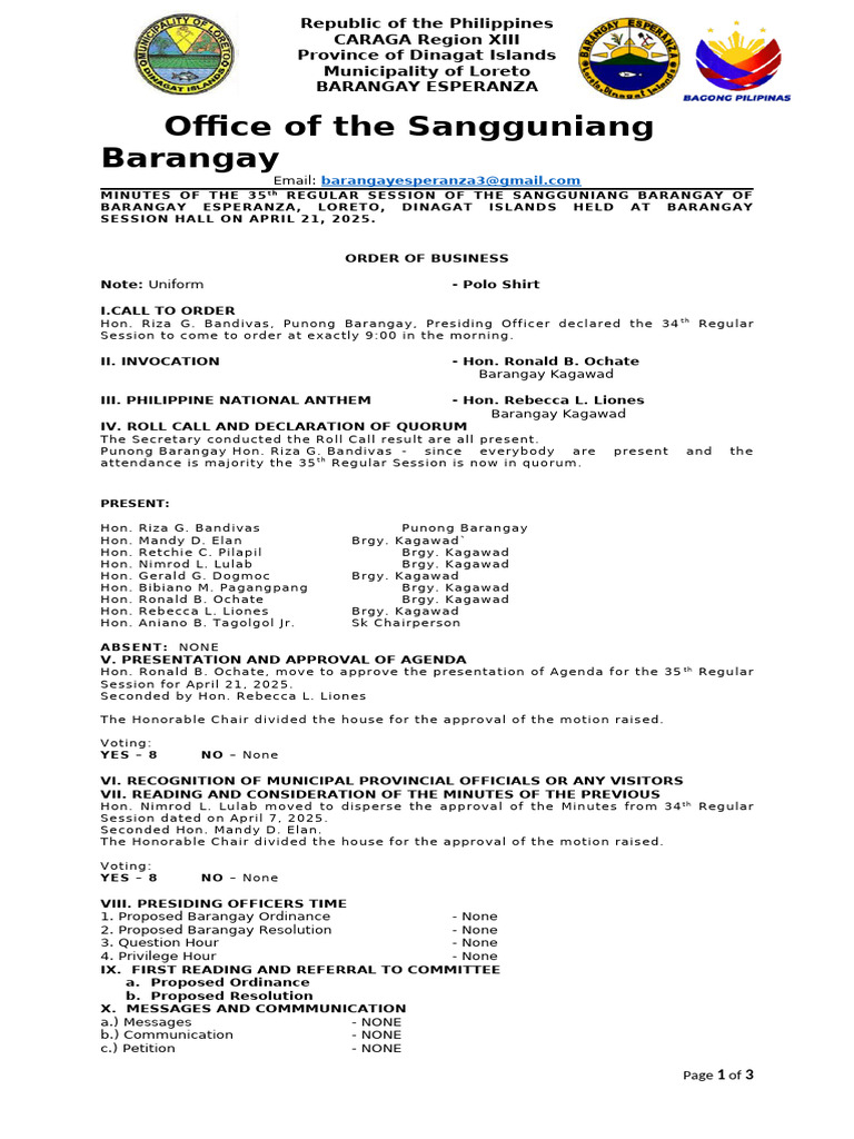 Minutes of 35th Barangay Session | PDF | Meetings | Parliamentary Procedure