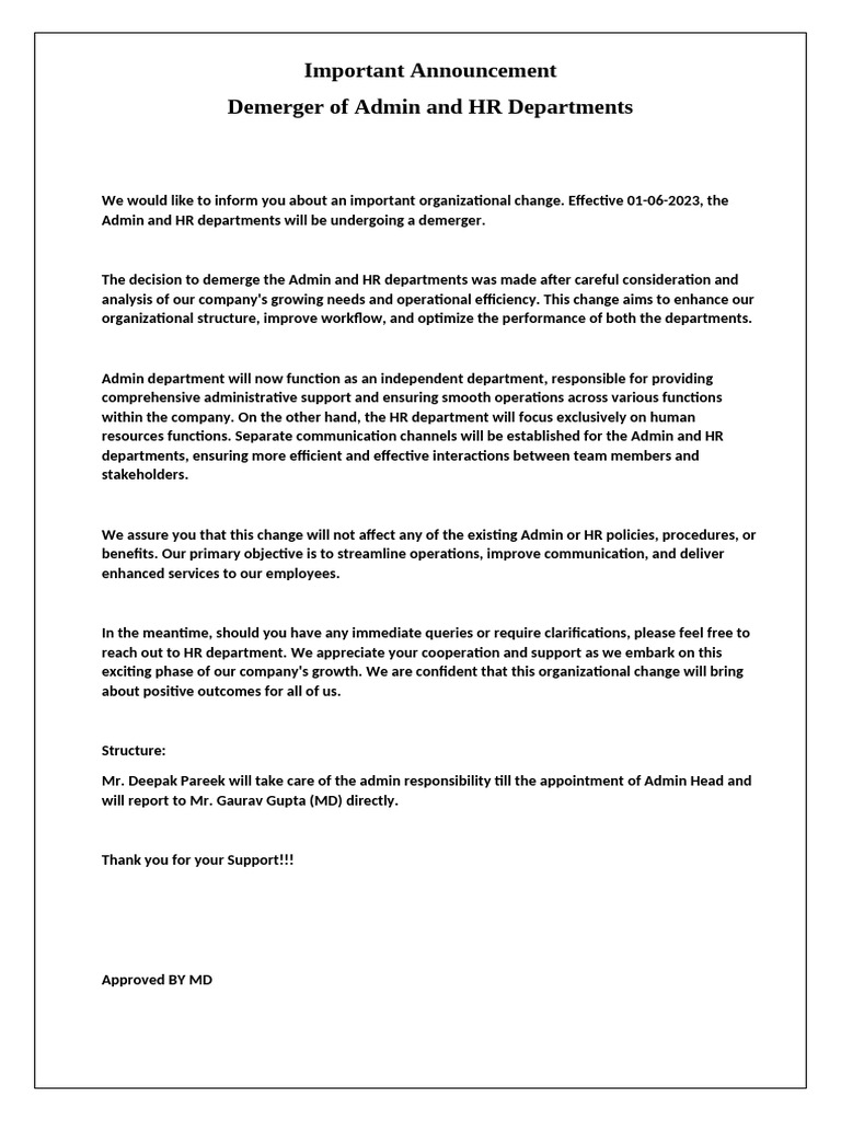Admin and HR Departments Demerger Announcement | PDF