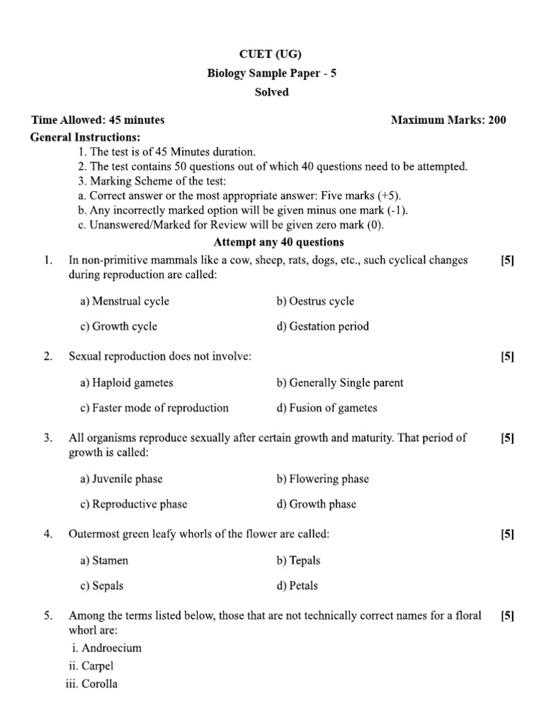 CUET UG Biology Sample Paper 5 Solutions | PDF