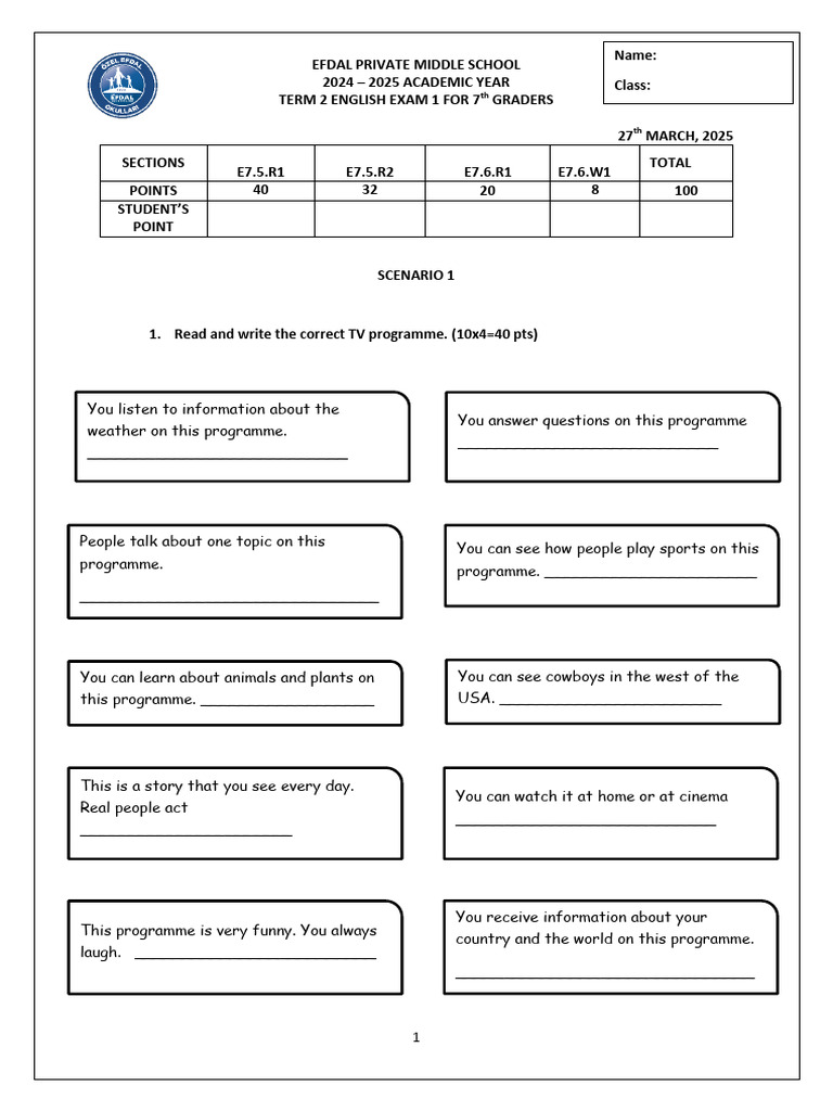 7Th Grade Exam 1 Term 2 - 7AB | PDF