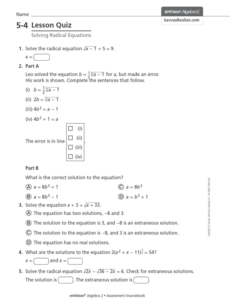 Solving Radical Equations Quiz Pdf