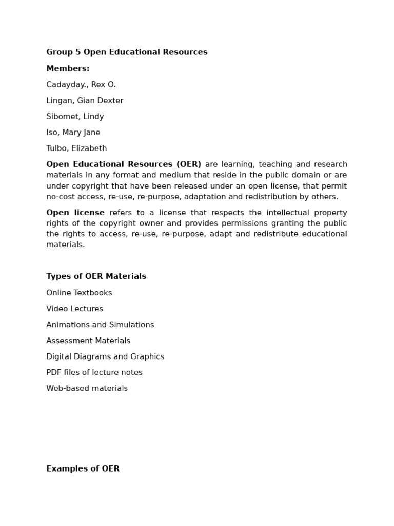 Types and Examples of Open Educational Resources | PDF