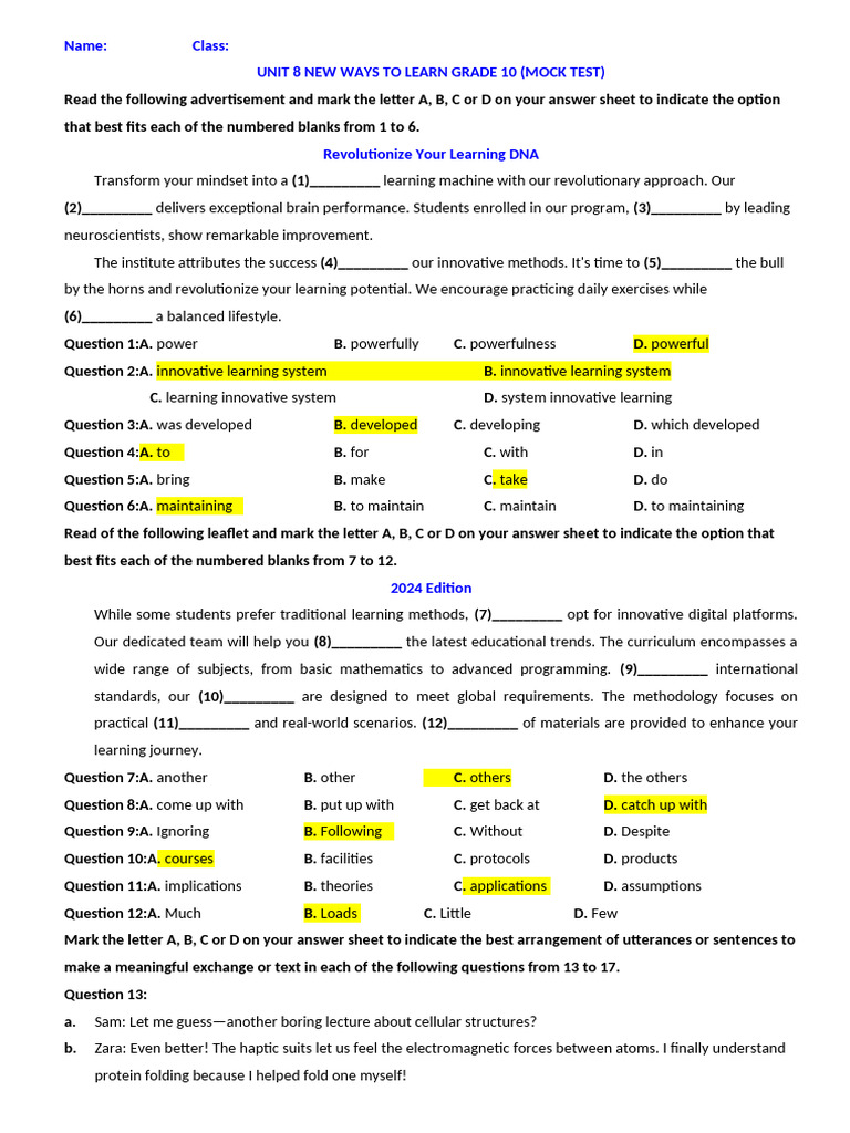 UNIT 8 GRADE 10 MOCK TEST - Key | PDF | Learning | Teaching Method