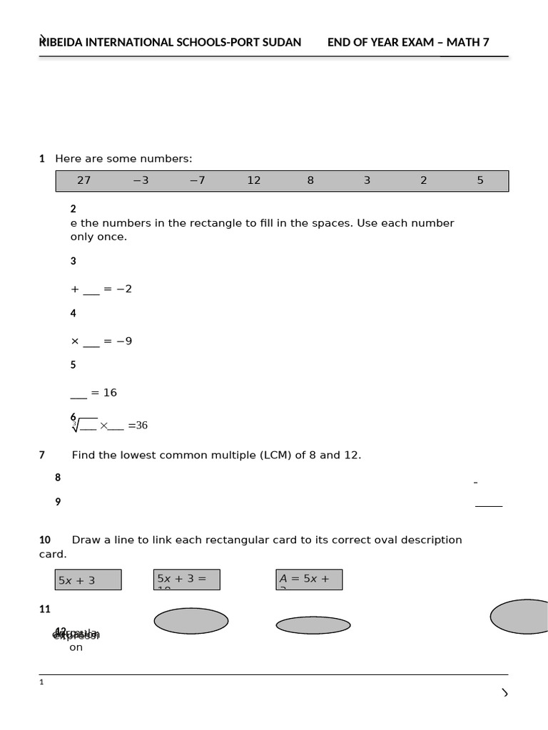 Grade 7 Math End-of-Year Exam | PDF | Numbers | Mathematics
