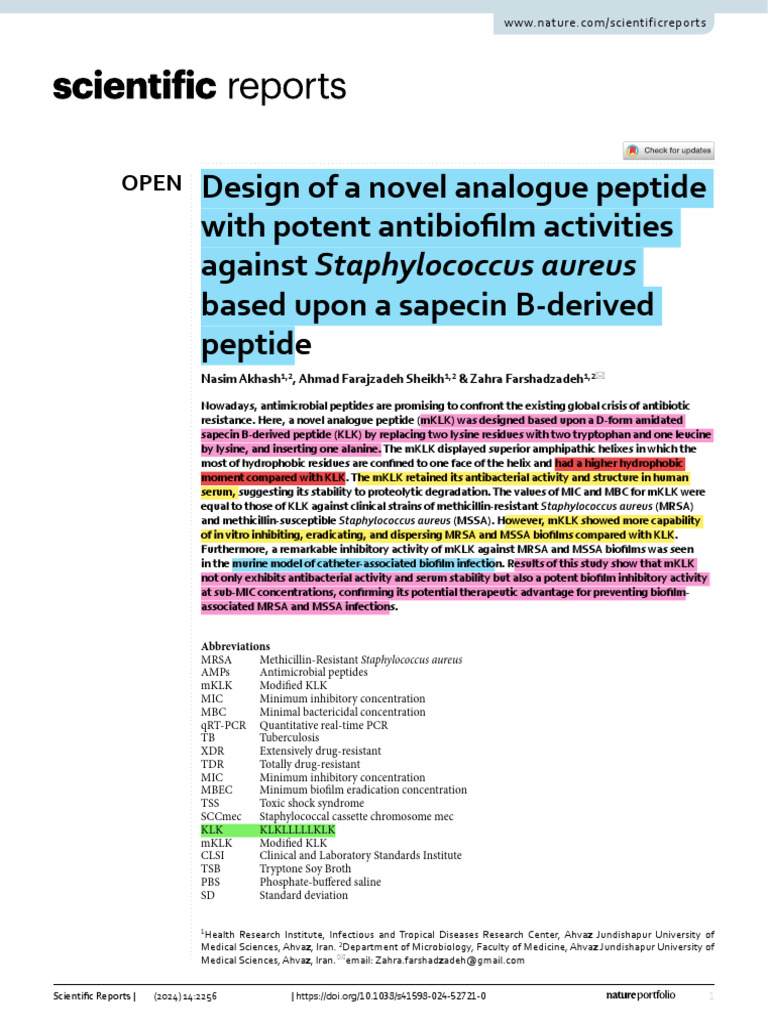 Antibiofilm Peptide mKLK vs. Staphylococcus aureus | PDF ...