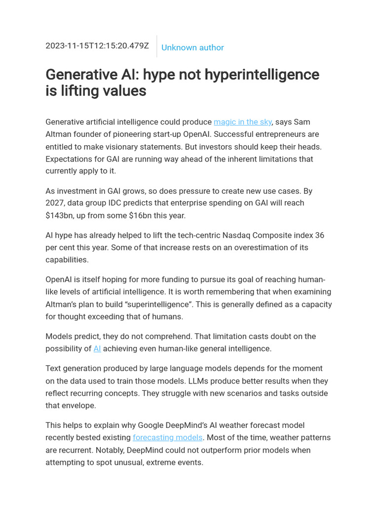 Generative AI - Hype Not Hyperintelligence Is Lifting Values | PDF ...