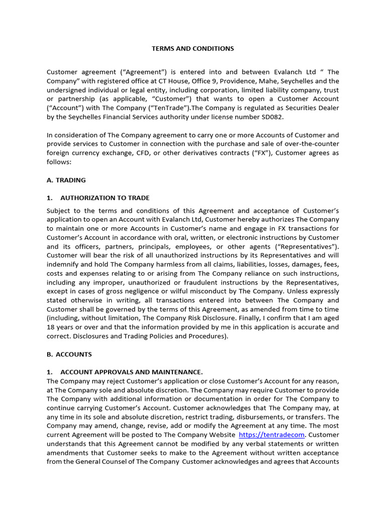 Terms and Conditions: A. Trading 1. Authorization To Trade | PDF ...