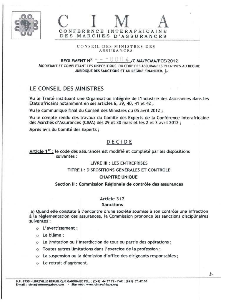 CIMA Reglement 2012 04 Modifiant Code Assurances | PDF