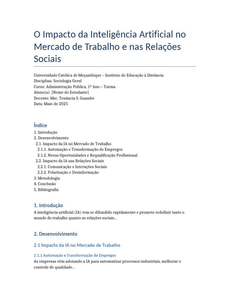 Impacto da IA no Trabalho e Relações Sociais | PDF