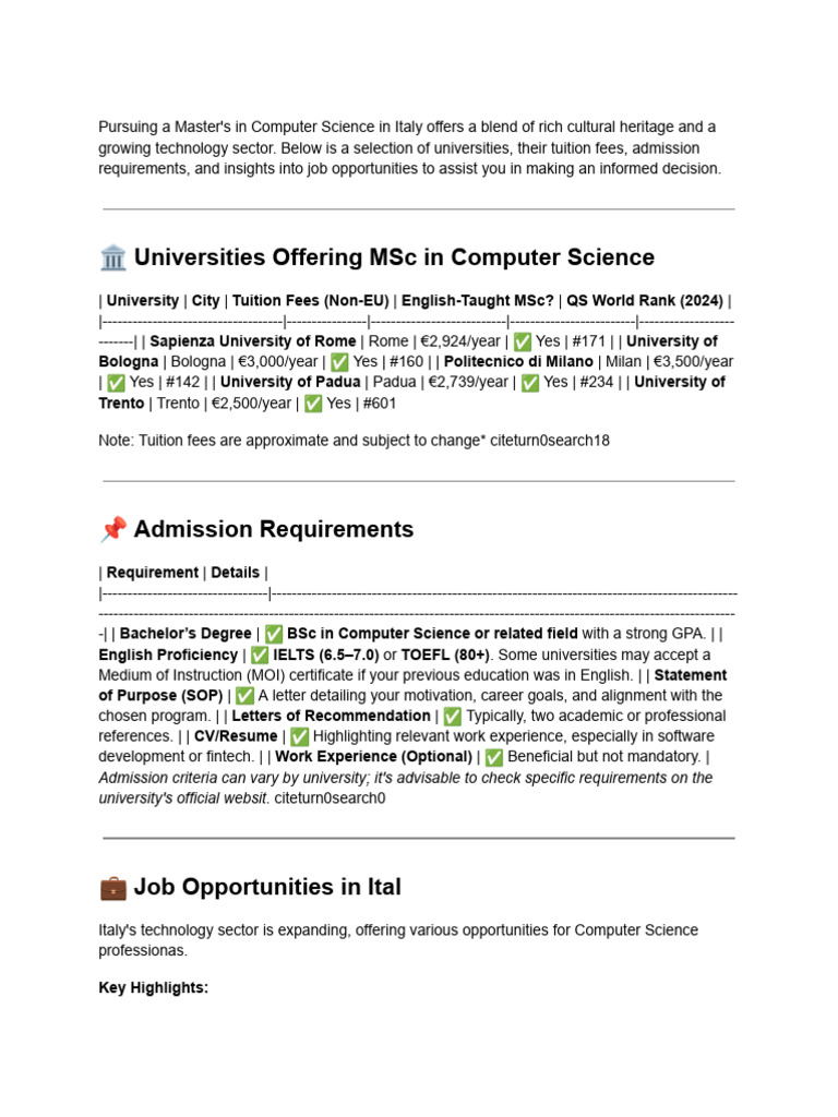 Master's in Computer Science in Italy | PDF | Master Of Science ...