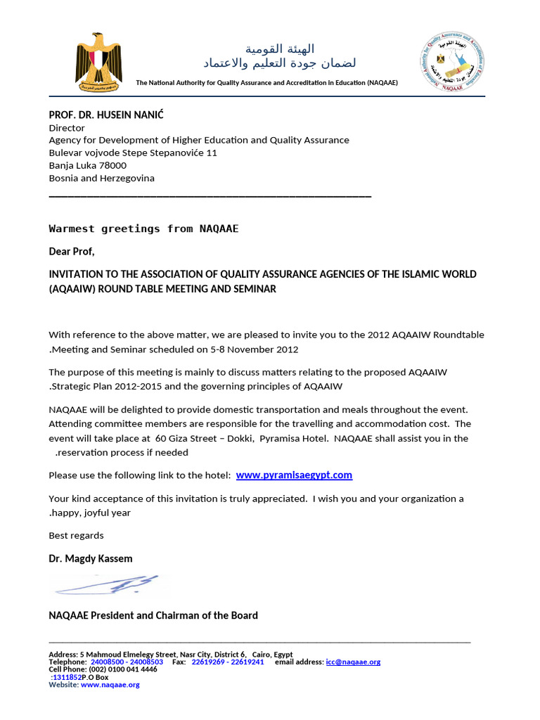 Invitation Letter 20 For The AQAAIW RTM and Seminar Cairo November 2012 ...