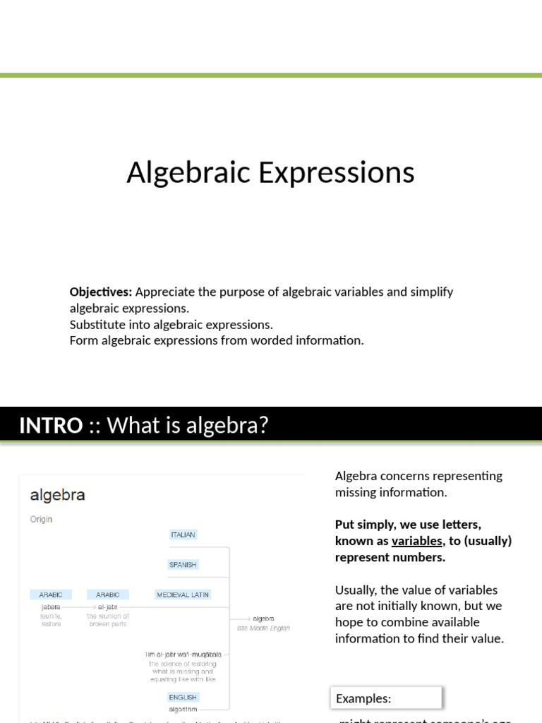 Algebraic Expressions | PDF | Algebra | Variable (Mathematics)