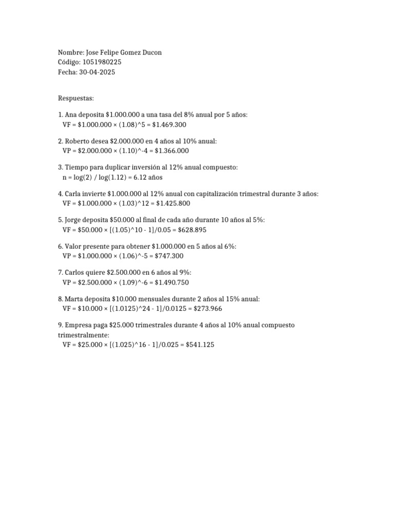 Taller Matematicas Financieras Jose Felipe Gomez Ducon | PDF