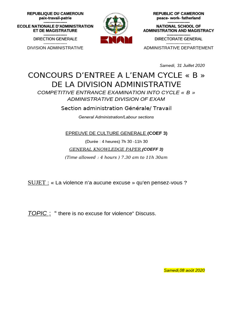 Concours ENAM Cycle B 2020 Sujets Et preuves PDF