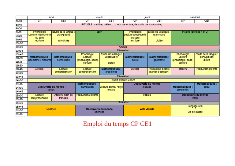 Emploi du temps CP CE1 détaillé | PDF | Linguistique | la communication