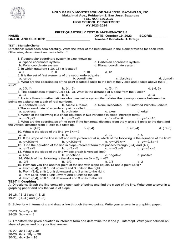 Math 8 Quarterly Test - Q1 2023-2024 | PDF | Cartesian Coordinate ...