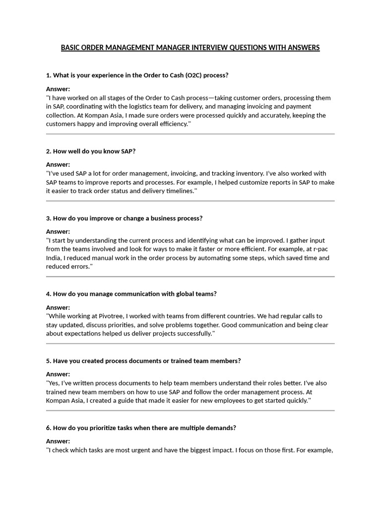 Order Management Manager Interview Q&A | PDF | Business