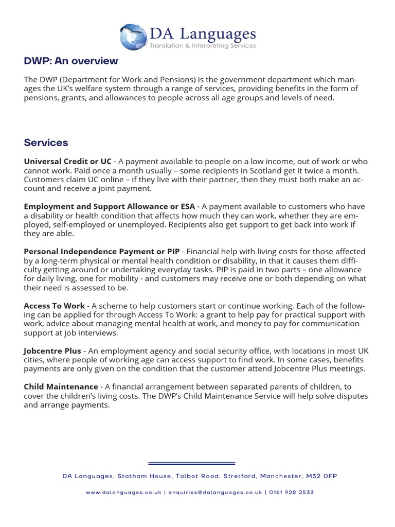 DWP Overview: ESA and Permitted Work | PDF | Cost Of Living | Social ...