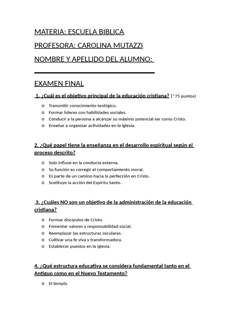 Examen Final de Educación Cristiana | PDF | Iglesia cristiana | Cristo ...