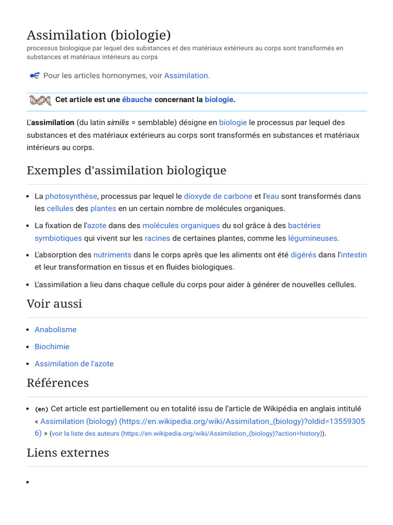 Définition de l'assimilation en biologie | PDF