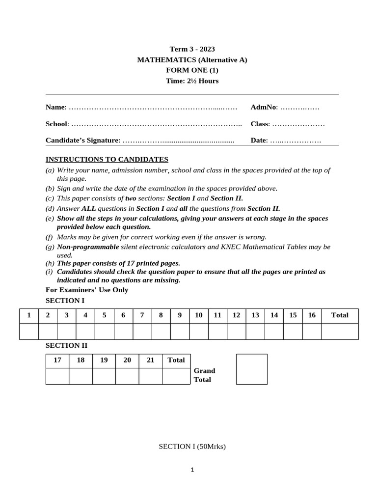 Mathematics Form 1 - Question Paper | PDF | Area | Circle
