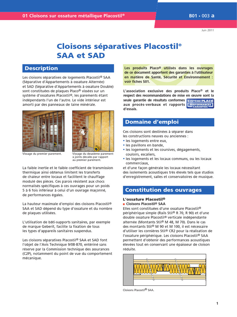 Cloisons Placostil® SAA et SAD : Guide Technique | PDF | Matériaux de ...
