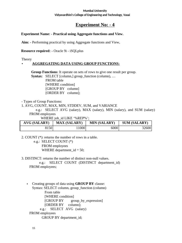 Aggregate Functions and Views in SQL | PDF | Computer Programming ...
