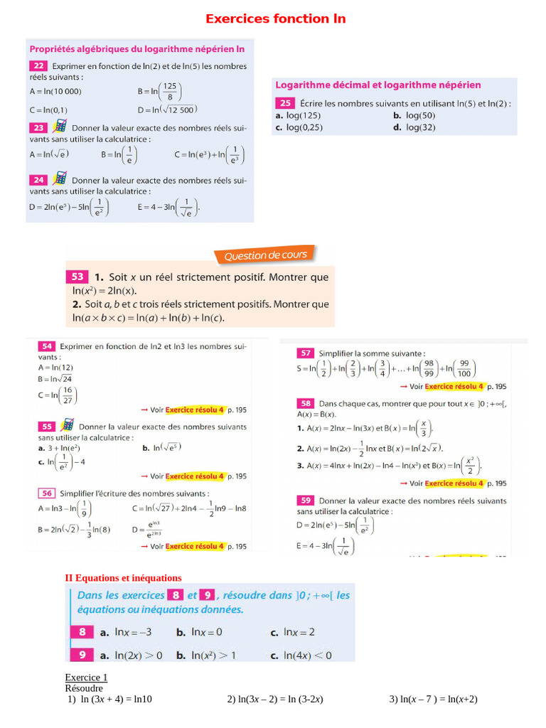 Exercices sur les équations ln | PDF