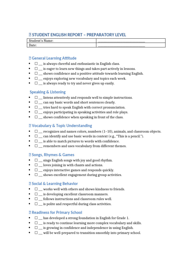Student English Report: Preparatory Level | PDF