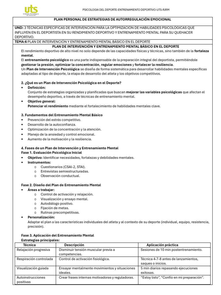 Plan de Intervención Psicológica en Deporte | PDF | Las emociones ...