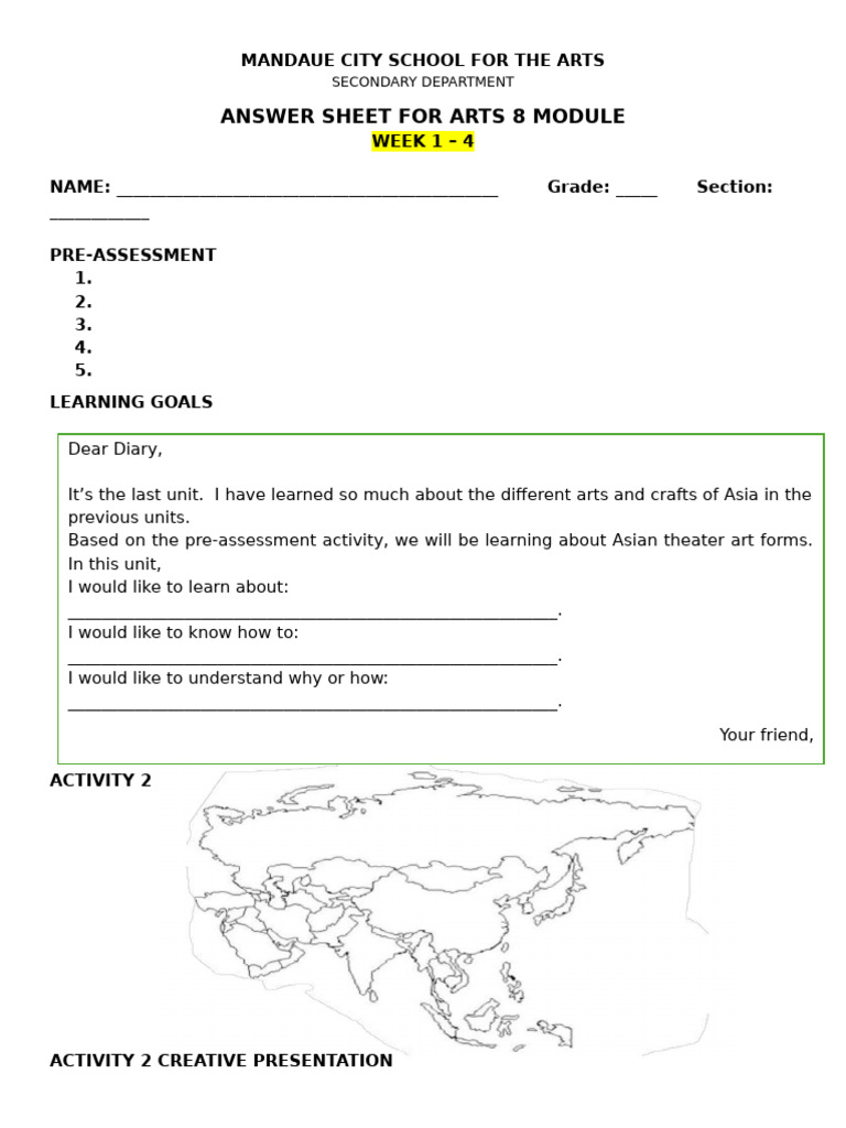 Arts 8 Module Answer Sheet: Weeks 1-4 | PDF