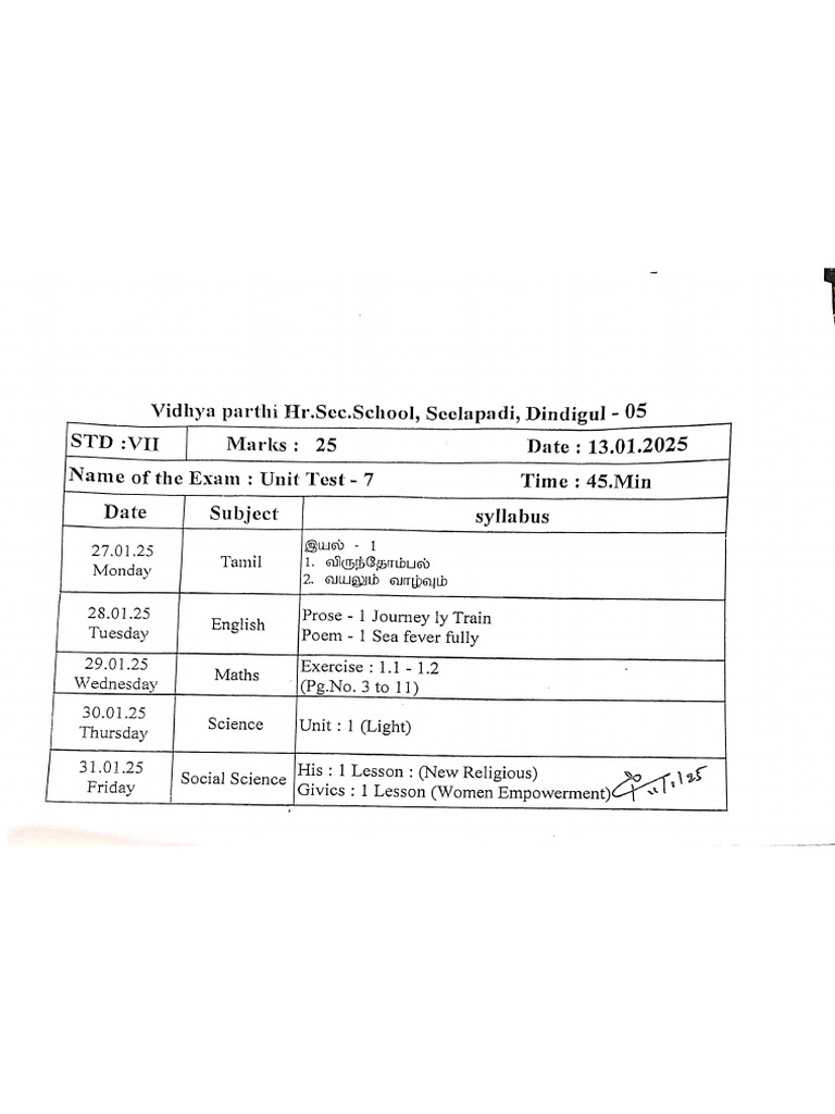 7 Std Unit Test 7 Time Table And Syllabus | PDF