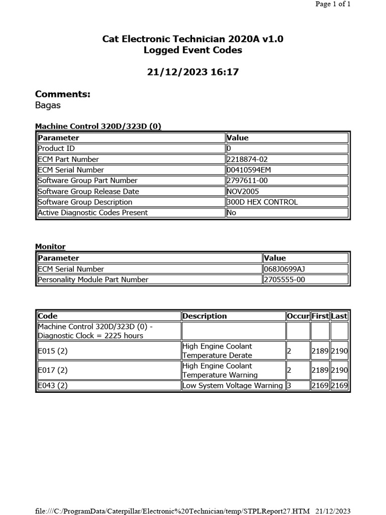 Cat 320D/323D Diagnostic Codes Report | PDF
