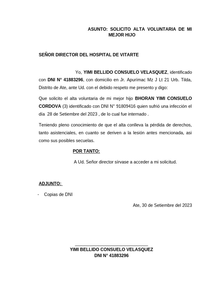 Solicito Alta Voluntaria | PDF