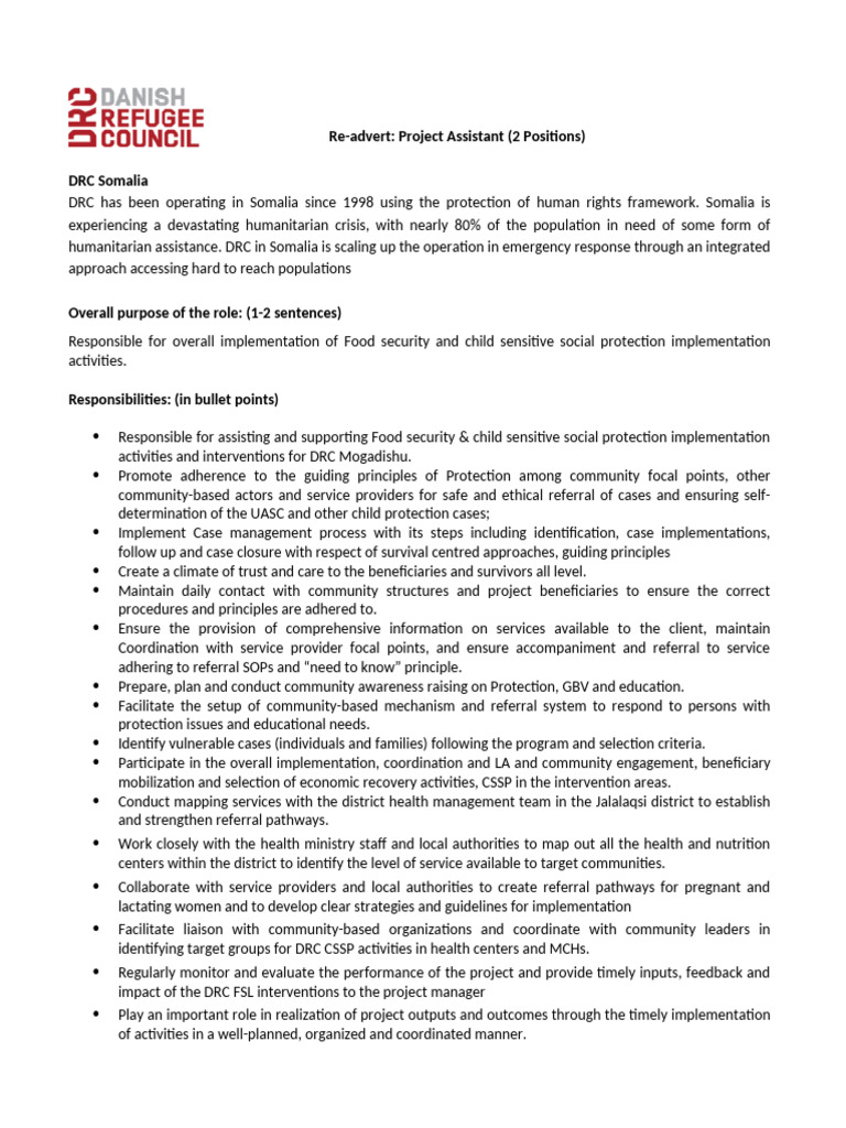 Project Assistant Positions in Somalia | PDF | Capacity Building