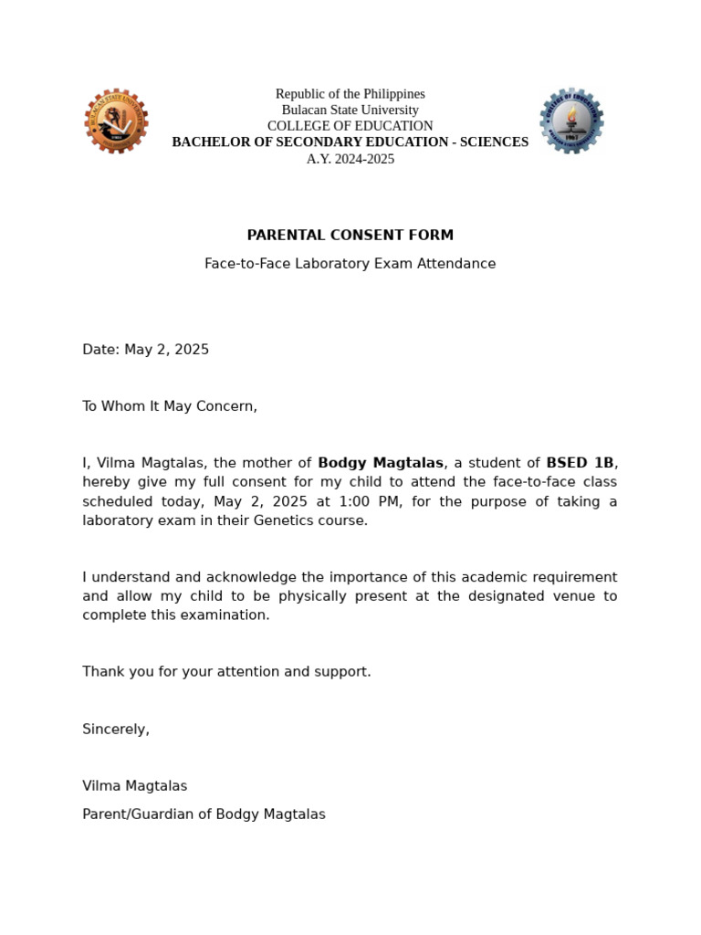 Parental Consent for Lab Exam 2025 | PDF