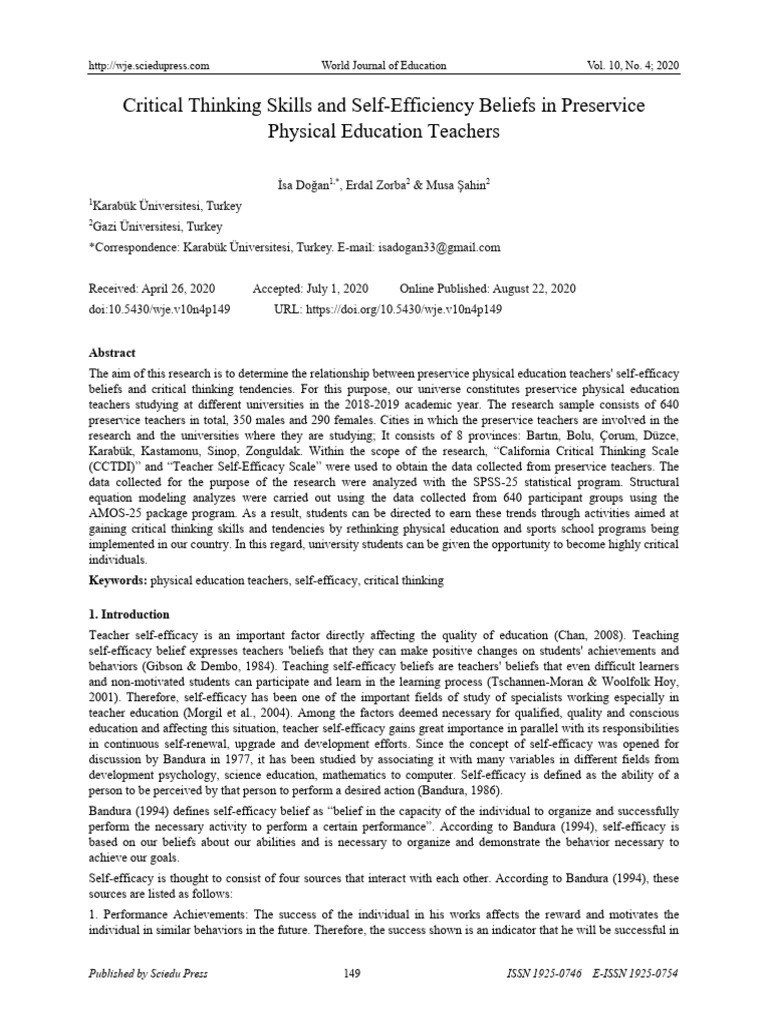 Critical Thinking in Physical Education Teachers | PDF | Self Efficacy ...