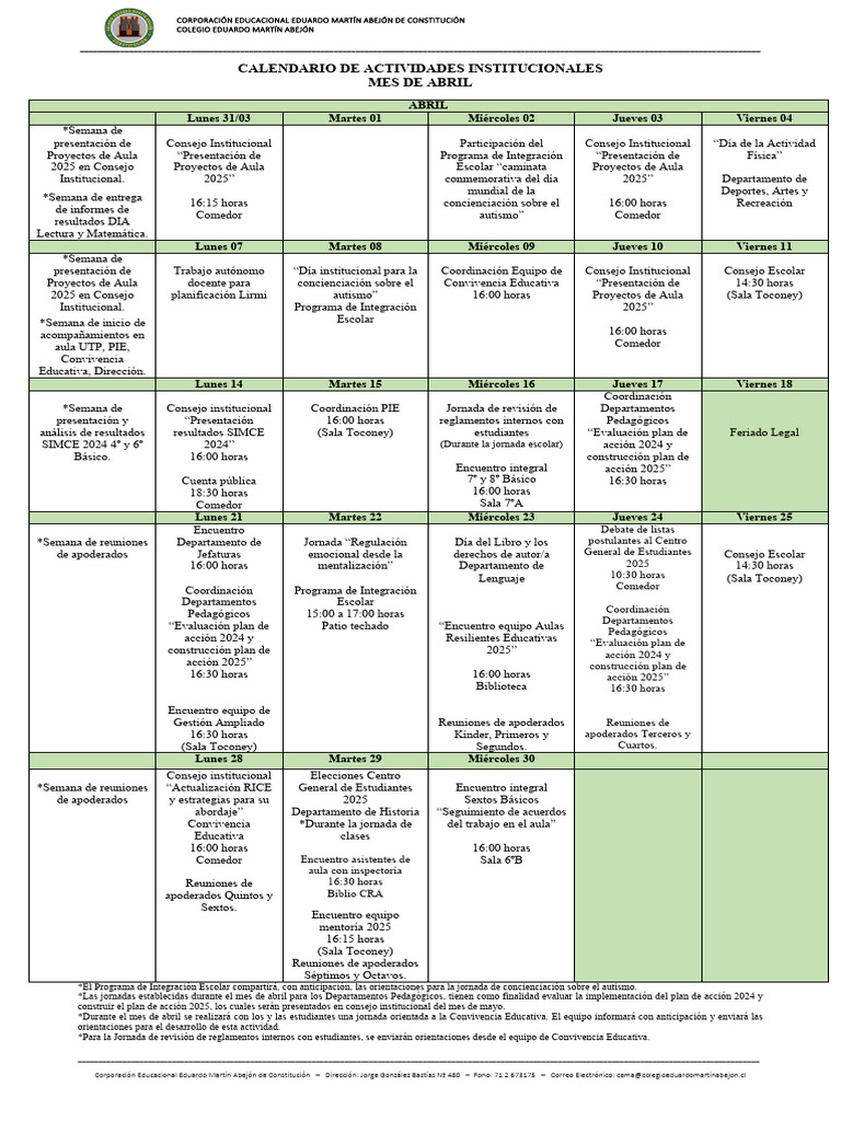 Calendario de Actividades Abril 2025 | PDF