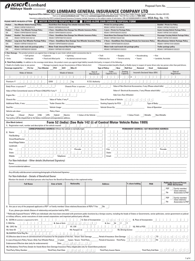 Motor Package Proposal Form | PDF | Liability Insurance | Insurance