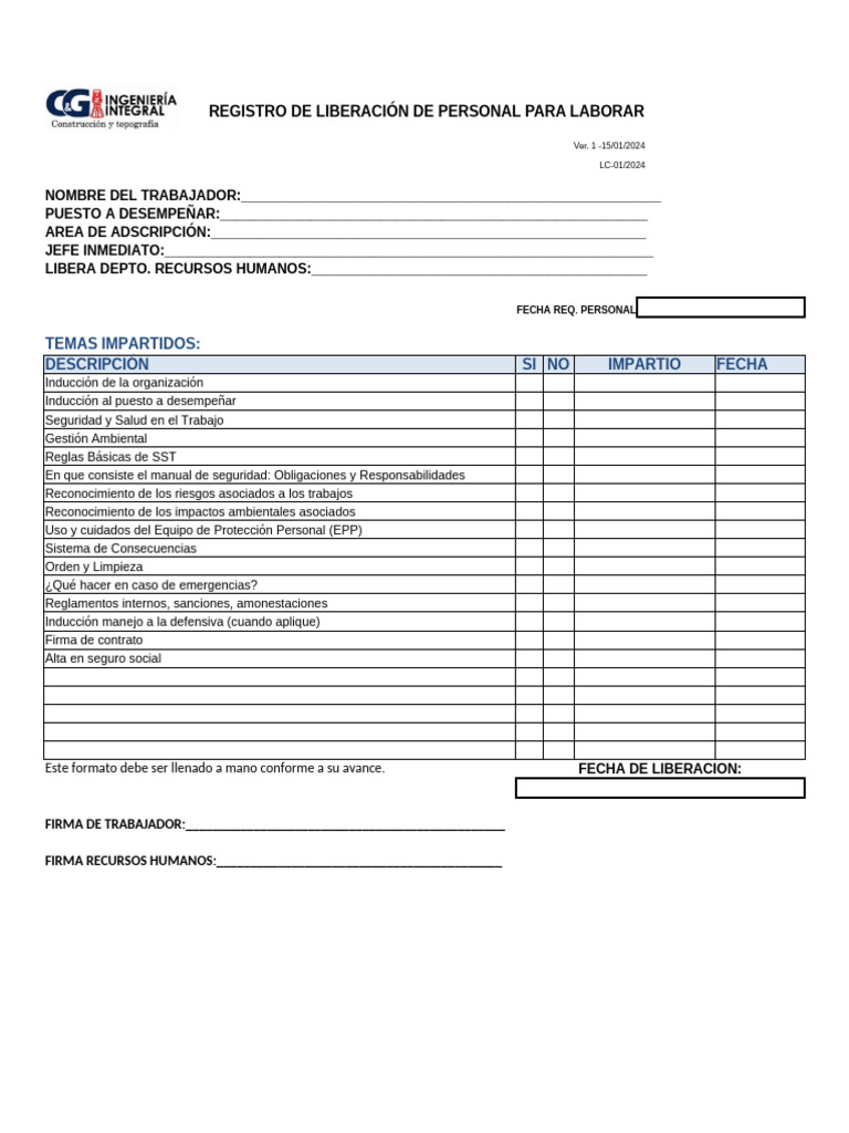 Registro de Liberación para Laborar | PDF
