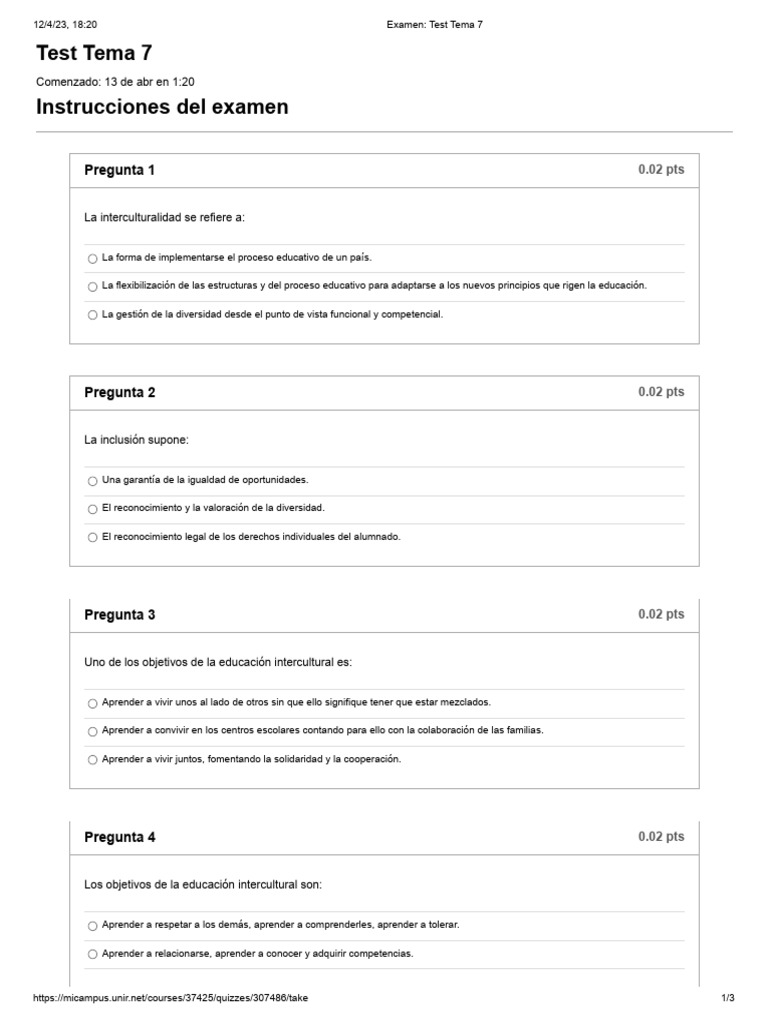 Examen - Test Tema 7 | PDF | Interculturalidad | Multiculturalismo
