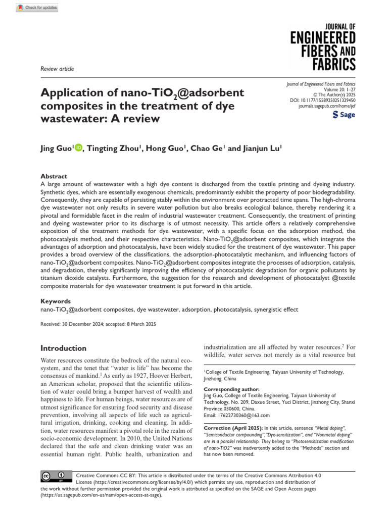 Nano-TiO2 Composites for Dye Wastewater Treatment | PDF | Adsorption | Dye